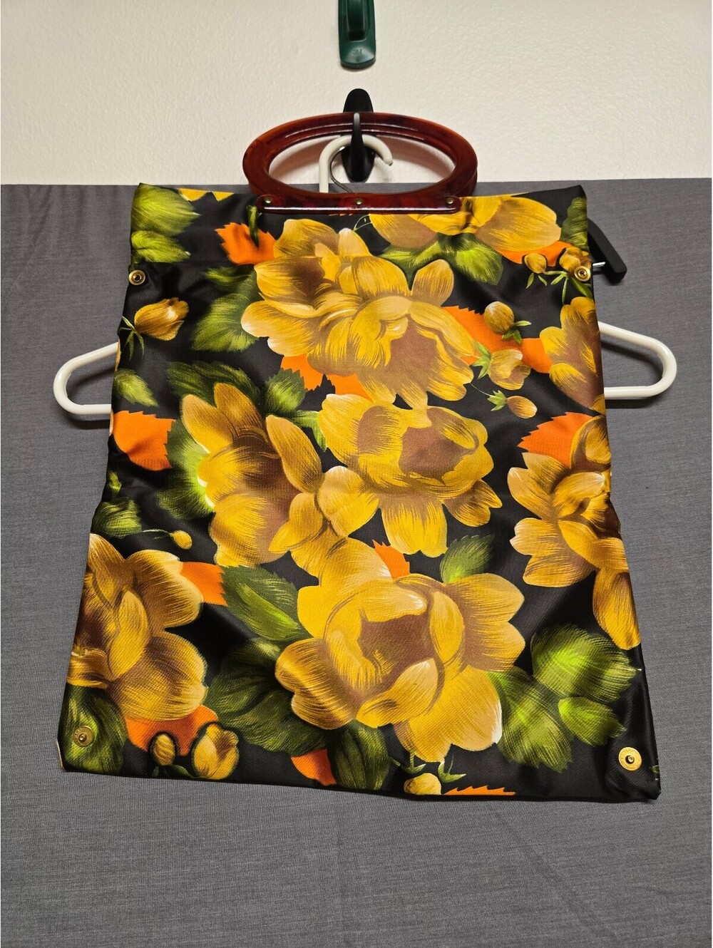 VINTAGE 1960 Lady's Pride Black floral clutch purse with round handle